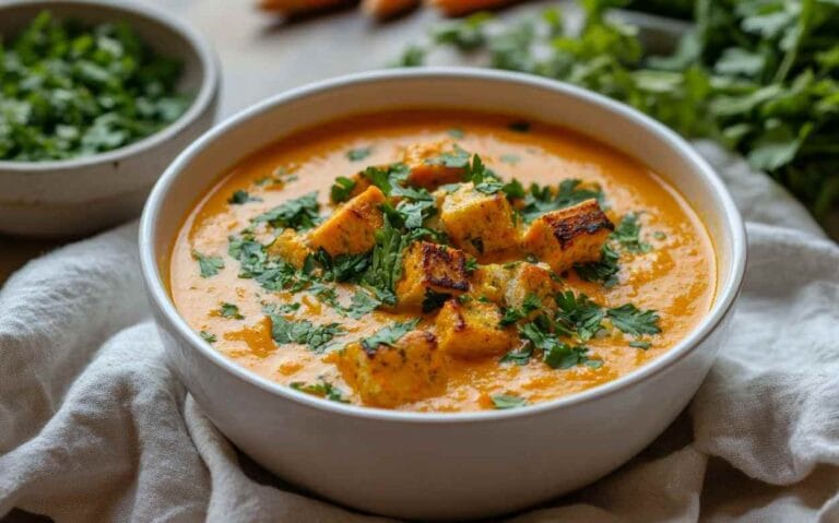 Soupe crémeuse de carottes avec des cubes de pain grillé et de la coriandre fraîche.
