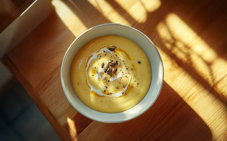 Bol de potage de courge butternut crémeux avec une touche de crème, des graines de courge et du poivre noir, photographié avec lumière naturelle.
