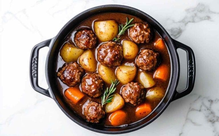 Ragoût de boulettes de viande avec pommes de terre et carottes, garni de romarin, servi dans une cocotte noire.