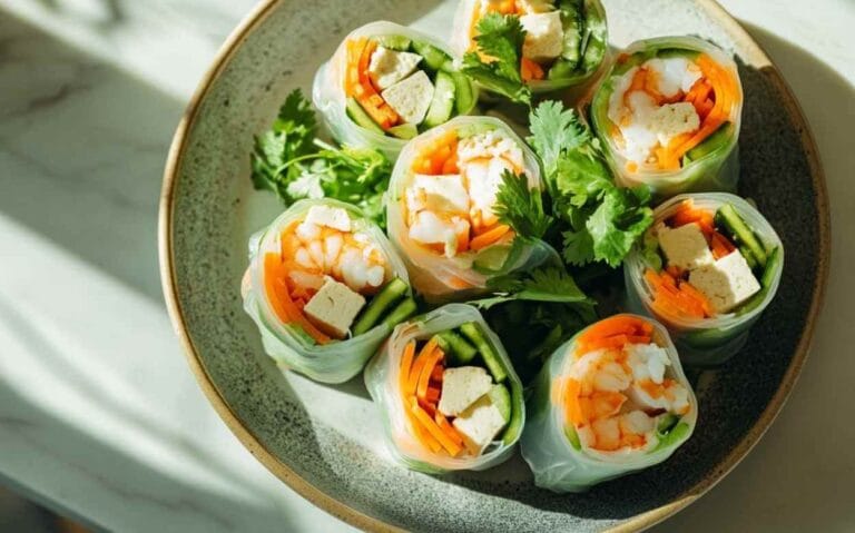 Rouleaux de printemps frais avec des crevettes, des carottes râpées, du concombre et du tofu, garnis de coriandre, servis dans un plat en céramique.