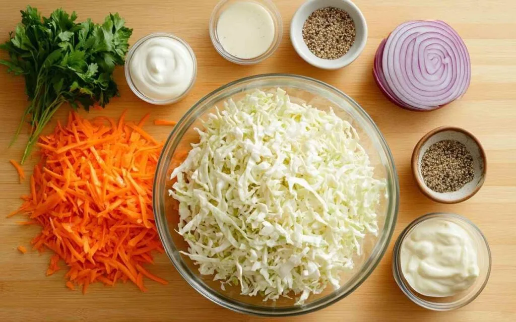 Ingrédients frais pour une salade de chou : chou blanc râpé, carottes râpées, oignon rouge, coriandre, mayonnaise, vinaigrette, et poivre, sur une planche en bois.