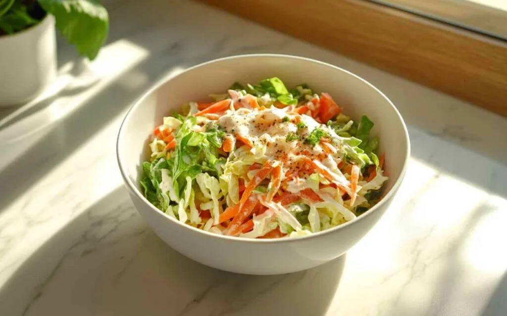 Salade de chou frais avec des carottes râpées et une sauce crémeuse, parsemée de poivre et de persil frais, servie dans un bol blanc sur une surface en marbre.