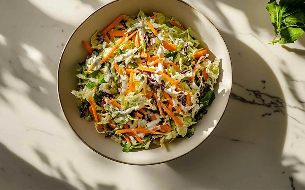 Salade de chou frais avec des carottes râpées, nappée de sauce crémeuse, servie dans un bol sur une surface de marbre avec des ombres douces.