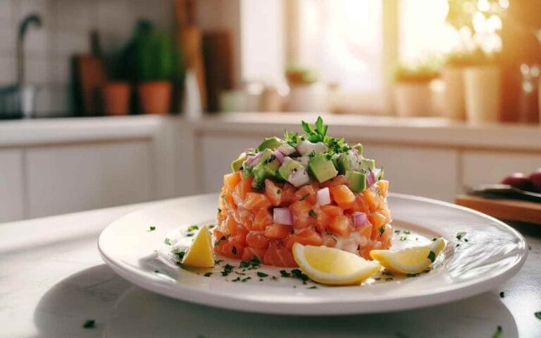 Tartare de saumon frais en forme de monticule avec avocat, oignon rouge et citron, présenté dans une cuisine ensoleillée.
