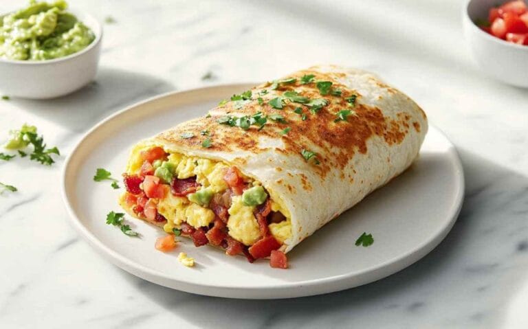 Burrito déjeuner garni d'œufs brouillés, bacon, tomates et guacamole, servi avec de la coriandre fraîche.