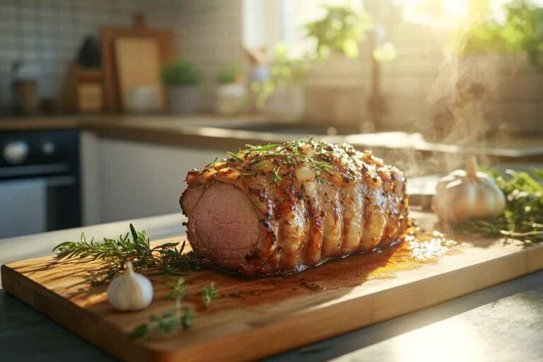 Échine de porc rôtie au four, parfumée au romarin et à l'ail, sur une planche en bois dans une cuisine moderne et ensoleillée.