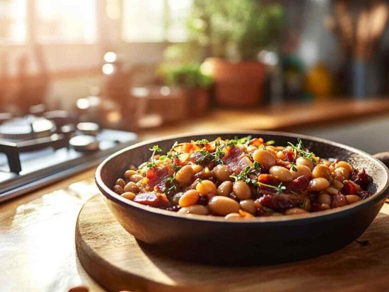 Un plat de fèves au lard à l'ancienne servi dans une cocotte en fonte, avec des morceaux de bacon et du thym frais, pris dans une cuisine moderne et ensoleillée.