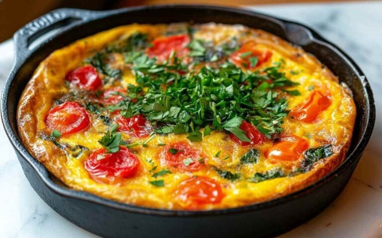 Frittata aux légumes, cuite dans une poêle en fonte, garnie de tomates cerises et de persil frais.