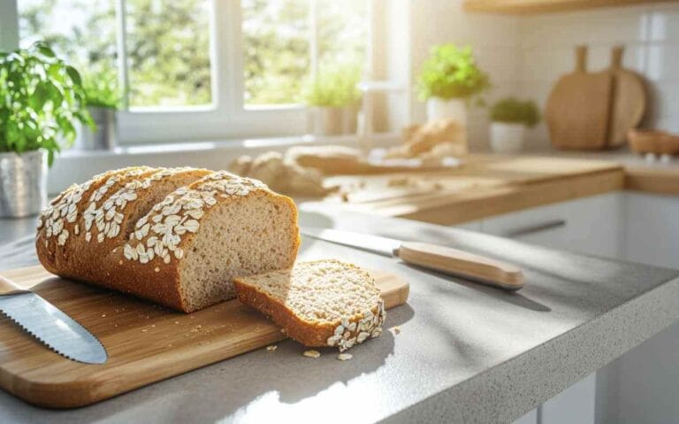 Pain Weight Watchers avec flocons d'avoine tranché sur une planche en bois dans une cuisine moderne et lumineuse.