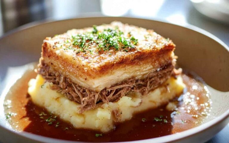 Pâté chinois au porc effiloché, avec une purée de pommes de terre crémeuse et un jus savoureux, le tout présenté dans une assiette moderne