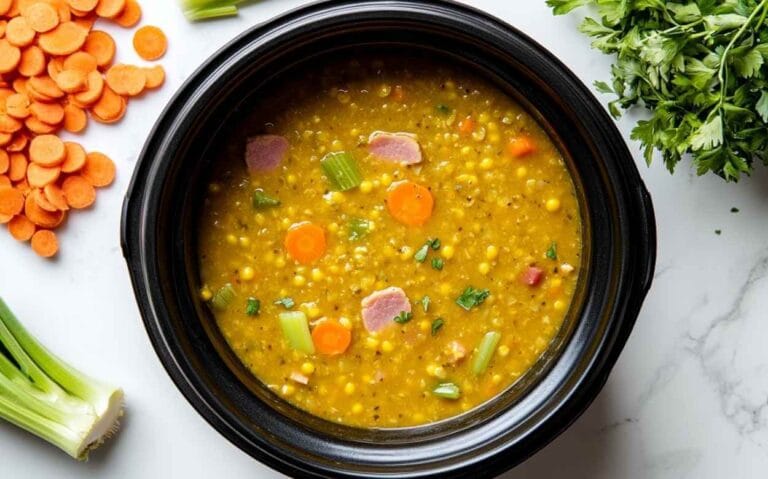 Soupe aux pois à la mijoteuse avec des tranches de carottes, du céleri, du jambon et des herbes fraîches, servie dans une mijoteuse noire, avec des légumes coupés en arrière-plan.