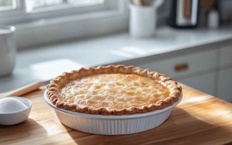Tarte au sucre maison avec une croûte dorée et un intérieur crémeux, posée sur un plan de travail en bois avec un bol de sucre à côté, dans une cuisine moderne ensoleillée.