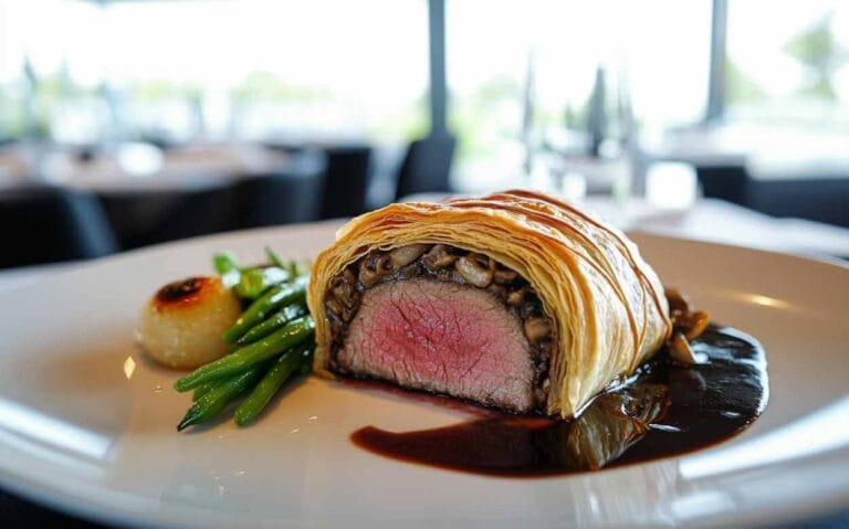 Un plat de Bœuf Wellington avec une garniture de légumes verts et une sauce au vin rouge, servi sur une assiette blanche.