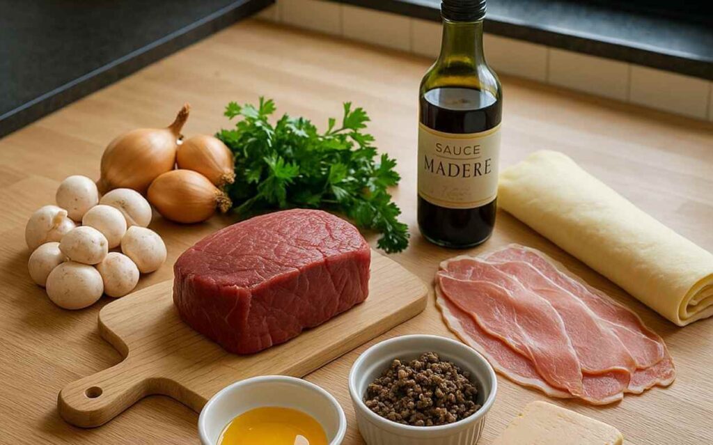 Ingrédients pour préparer un Bœuf Wellington, comprenant du filet de bœuf, des champignons, des échalotes, du jambon de Parme, de la pâte feuilletée et de la sauce Madère, disposés sur une planche en bois.