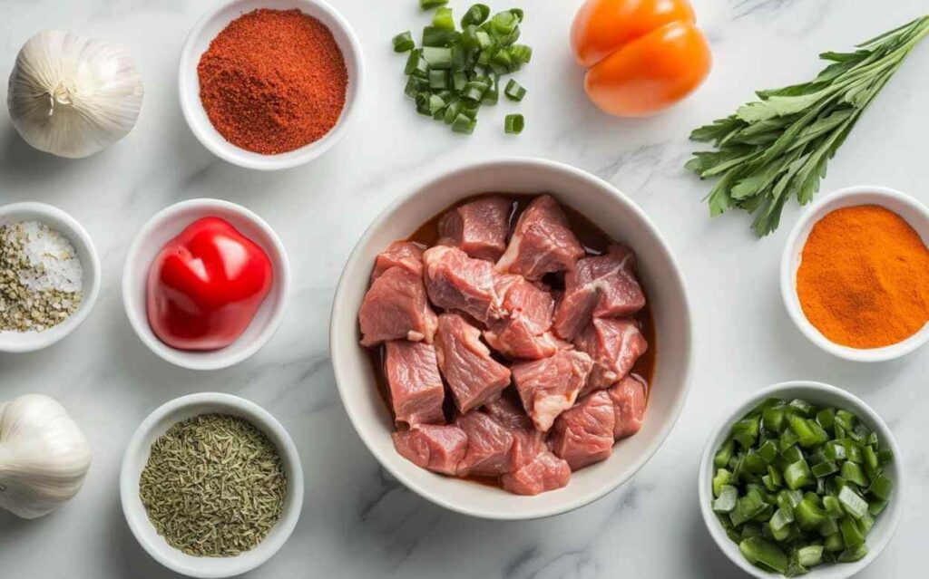 Ingrédients frais pour un chili mijoteuse à la viande, incluant des morceaux de viande, des épices, des poivrons, de l'ail, des tomates et des herbes.