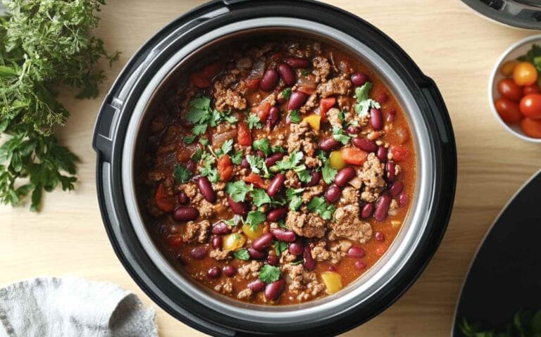 Recette Chili mijoteuse à la viande avec haricots rouges, tomates, poivrons et coriandre fraîche, vu de haut dans une mijoteuse."
