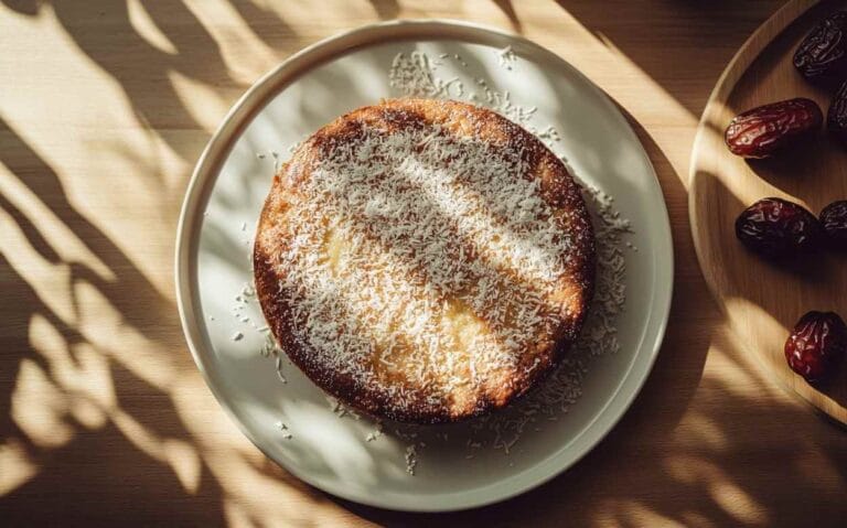 Vue aérienne d’un Gâteau Reine Élizabeth rond nappé de noix de coco râpée, posé sur une assiette blanche, à côté d’un plateau en bois contenant des dattes, le tout baigné d’un doux éclairage naturel.