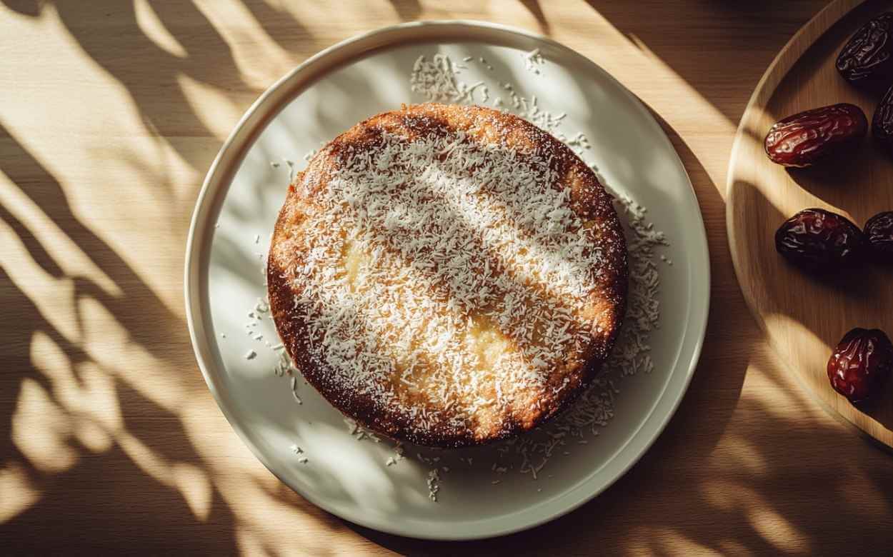 Vue aérienne d’un Gâteau Reine Élizabeth rond nappé de noix de coco râpée, posé sur une assiette blanche, à côté d’un plateau en bois contenant des dattes, le tout baigné d’un doux éclairage naturel.