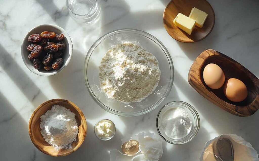 Disposition à plat d’ingrédients pour Gâteau Reine-Élizabeth : dattes entières, farine tamisée, œufs, beurre, bicarbonate, poudre à pâte et cuillère de sucre sur un plan de travail en marbre clair, éclairé par la lumière du jour.