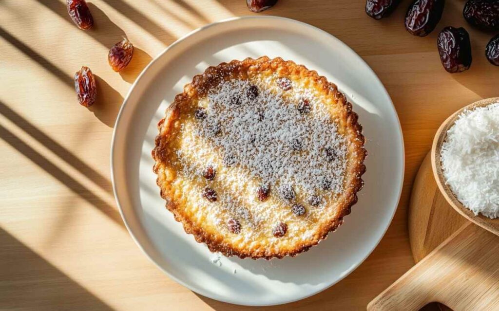 Vue aérienne d’une tarte Gâteau Reine-Élizabeth bordée de croûte cannelée, garnie de dattes et saupoudrée de noix de coco, posée sur une assiette blanche, entourée de dattes et d’un petit bol de noix de coco râpée sur un plan de travail en bois.