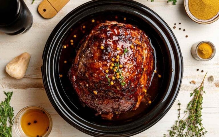 Jambon à la mijoteuse glacé avec épices et herbes, cuit à la perfection dans une cocotte.