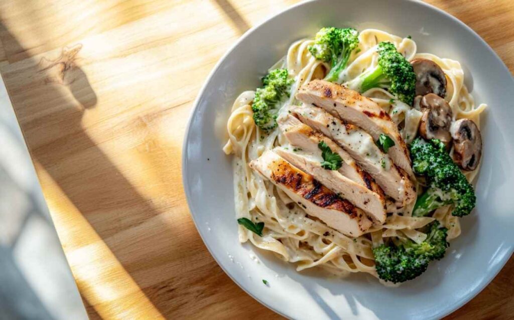 Vue plongeante d’un bol de pâtes fettuccine Alfredo nappées d’une sauce crémeuse, surmontées de tranches de poulet grillé, de bouquets de brocoli, de champignons sautés et de persil frais, posées sur une table en bois éclairée par une lumière naturelle.