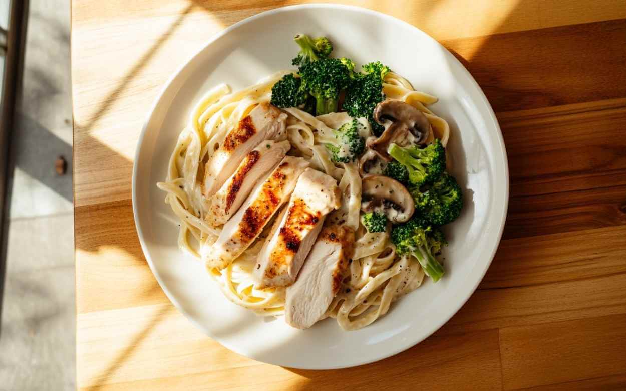 Assiette vue de dessus de pâtes fettuccine Alfredo crémeuses garnies de tranches de poulet grillé, de brocoli croquant et de champignons, sur une planche en bois éclairée par la lumière du jour.