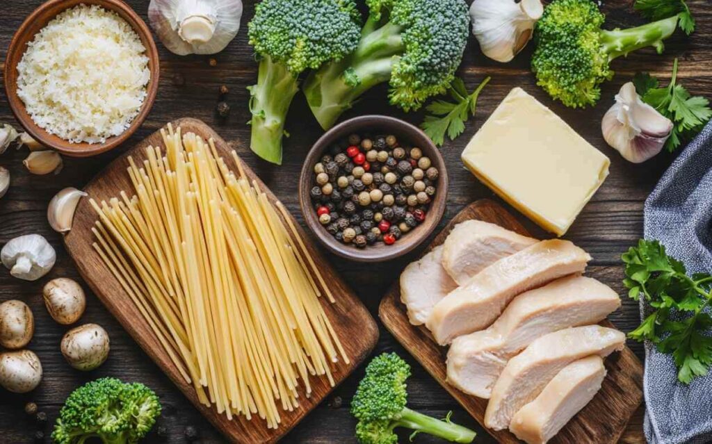 Vue plongeante d’un assortiment d’ingrédients crus pour pâtes Alfredo au poulet : pâtes fettuccine, parmesan râpé, gousses d’ail, bouquets de brocoli, mélange de baies de poivre, bloc de beurre et tranches de blanc de poulet sur des planches en bois foncé.