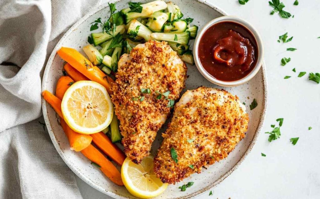 Deux poitrines de poulet panées et croustillantes cuites à l’air fryer, accompagnées de carottes vapeur, concombres frais, tranches de citron, et une petite coupelle de sauce barbecue, servies dans une assiette blanche sur un linge beige.