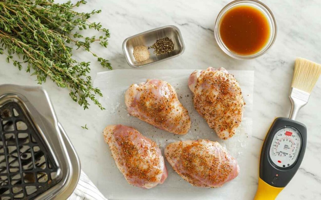Quatre poitrines de poulet crues assaisonnées avec un mélange d’épices, posées sur une feuille de papier cuisson, entourées de branches de thym frais, un bol de sauce marinade, un pinceau de cuisine, un thermomètre alimentaire, et un petit récipient avec du sel et du poivre.