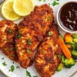 Poitrines de poulet croustillantes cuites à l’air fryer, servies avec tranches de citron, sauce barbecue dans un petit bol, et légumes vapeur colorés (brocoli, carottes), assaisonnées de persil frais sur une assiette blanche.