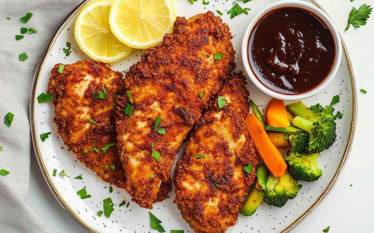 Poitrines de poulet croustillantes cuites à l’air fryer, servies avec tranches de citron, sauce barbecue dans un petit bol, et légumes vapeur colorés (brocoli, carottes), assaisonnées de persil frais sur une assiette blanche.