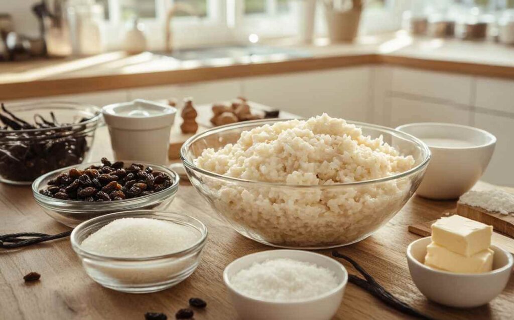 Ingrédients pour la recette de pouding au riz, présentés sur une table en bois, comprenant du riz cuit, des raisins secs, du sucre, de la vanille, du beurre et du lait, dans un cadre de cuisine moderne et lumineuse.