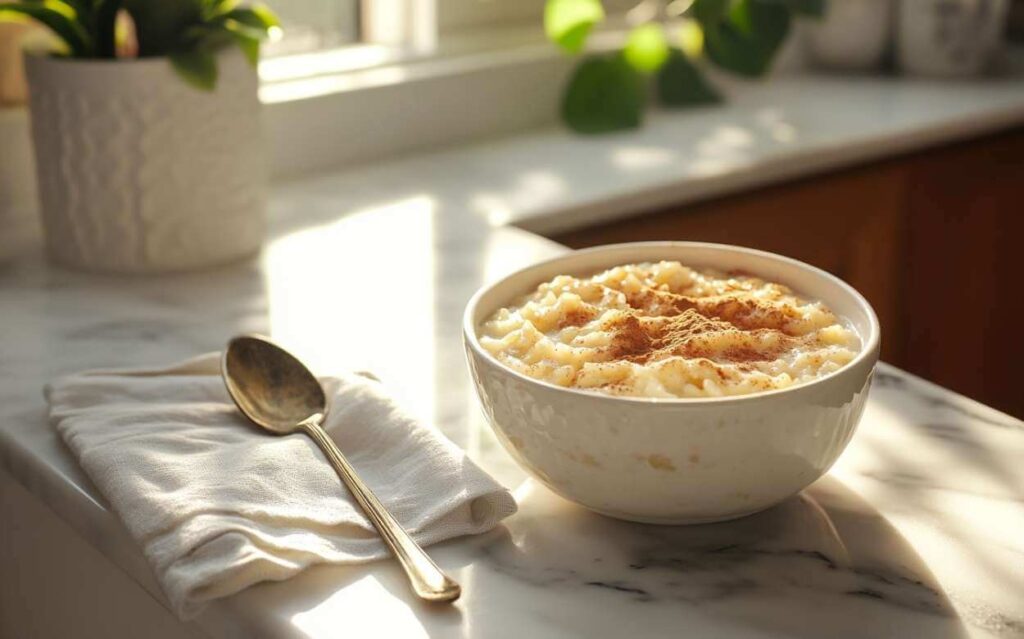 Bol de pouding au riz crémeux saupoudré de cannelle, accompagné d'une cuillère en métal, posé sur une table en marbre avec des rayons de lumière douce et un pot de plante en arrière-plan.
