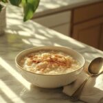 Un bol de pouding au riz crémeux saupoudré de cannelle, posé sur une table en marbre avec des rayons de lumière douce, accompagné d'une cuillère et d'un linge de table beige.