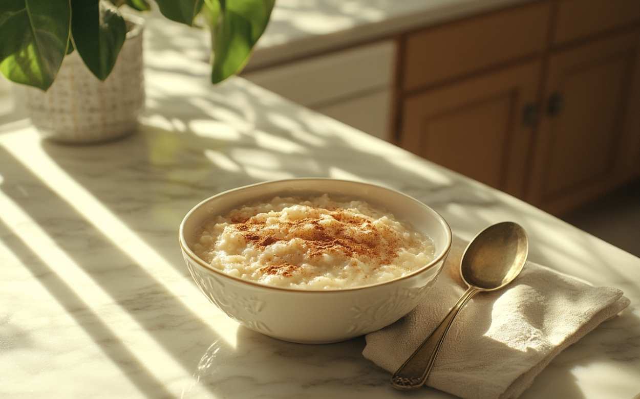 Un bol de pouding au riz crémeux saupoudré de cannelle, posé sur une table en marbre avec des rayons de lumière douce, accompagné d'une cuillère et d'un linge de table beige.
