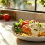 Poulet Parmigiana sur un lit de pâtes, garni de mozzarella fondue, basilic frais et tomates cerises, dans une cuisine lumineuse.