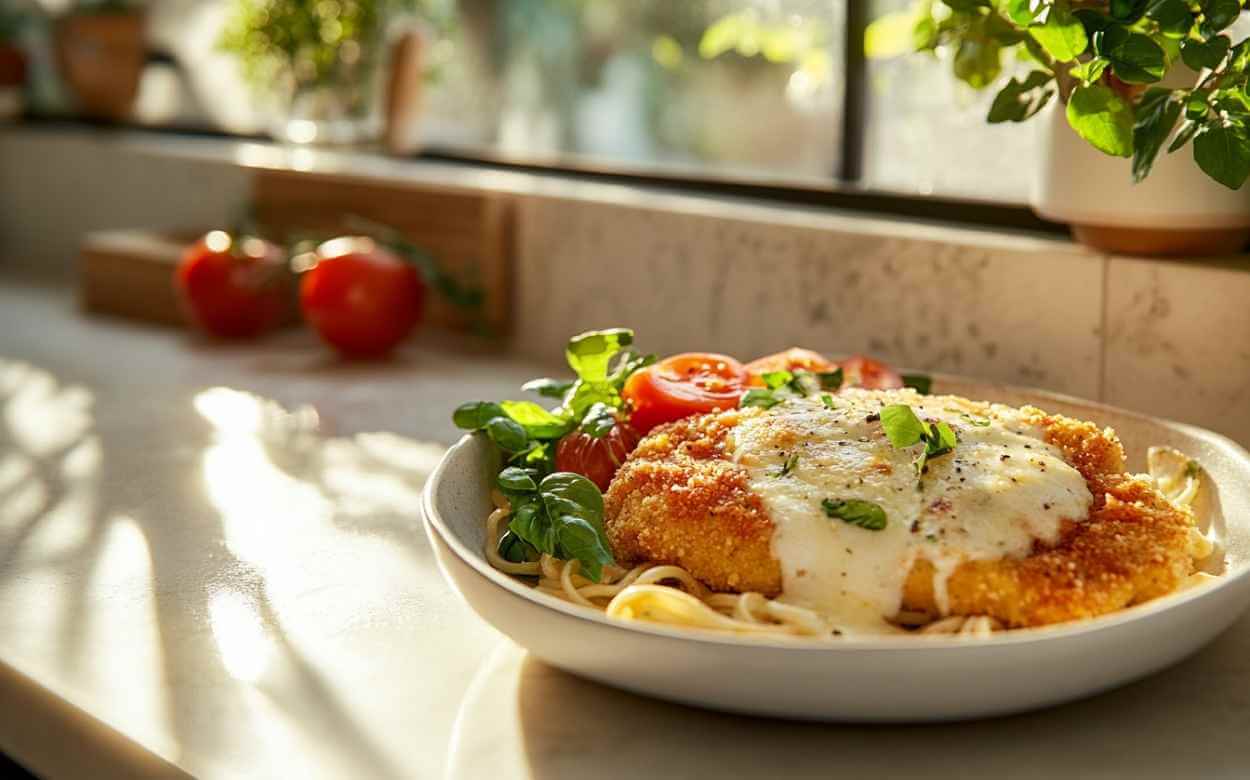 Poulet Parmigiana sur un lit de pâtes, garni de mozzarella fondue, basilic frais et tomates cerises, dans une cuisine lumineuse.