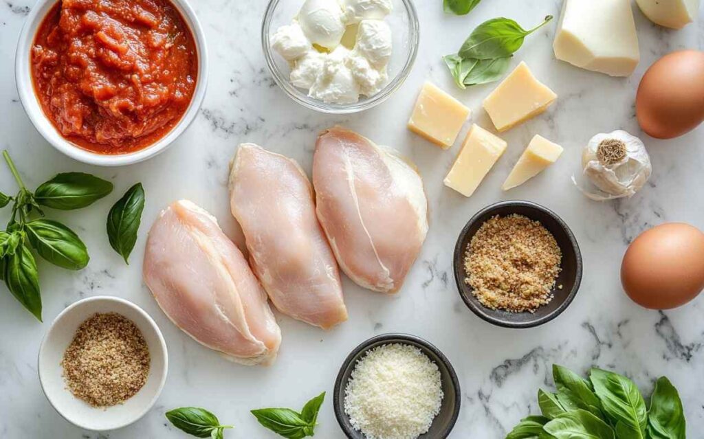 Ingrédients frais pour préparer un poulet parmigiana : escalopes de poulet, sauce tomate, fromage mozzarella, parmesan, œufs, ail, basilic frais, chapelure et fromage râpé, disposés sur un plan de travail en marbre.