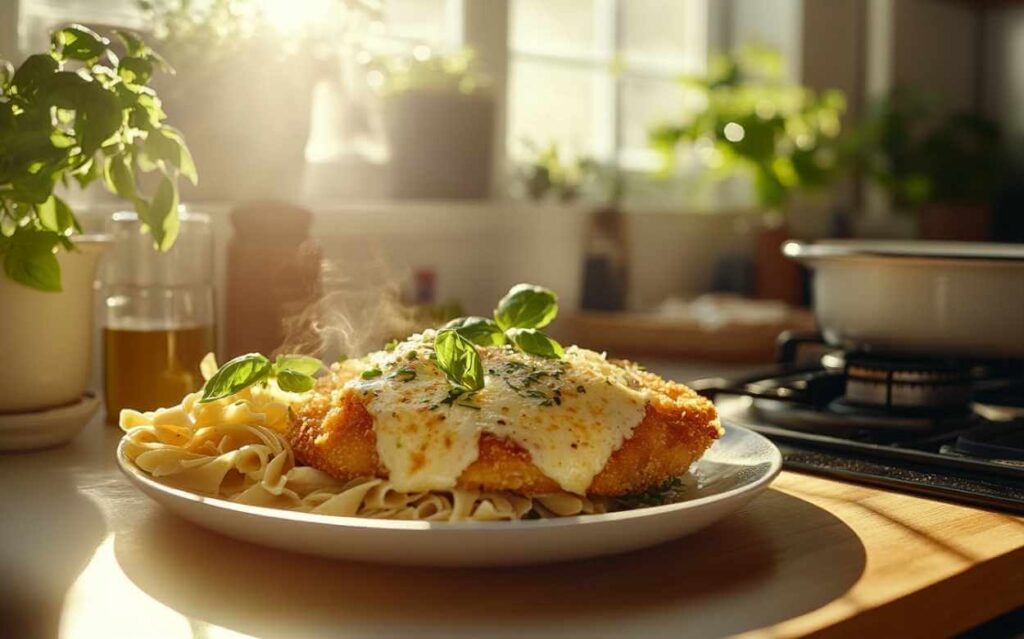 Poulet Parmigiana avec fromage fondu sur un lit de pâtes, décoré de feuilles de basilic frais, dans une cuisine moderne ensoleillée.