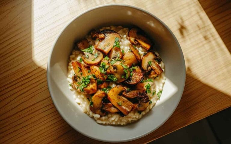 Bol de risotto crémeux aux champignons, garni de persil frais, avec un éclairage naturel mettant en valeur la texture du plat.