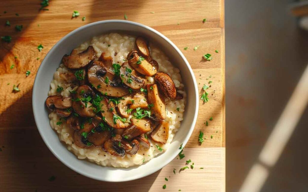 Bol de risotto crémeux garni de champignons dorés et de persil frais, avec un éclairage naturel mettant en valeur la texture du plat.