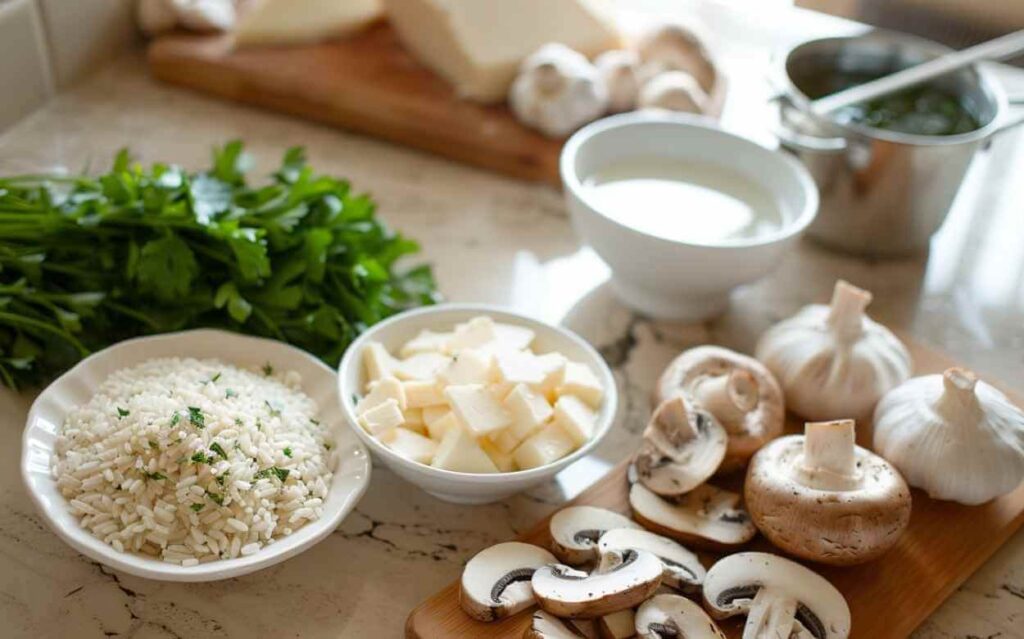 Ingrédients pour un risotto aux champignons : riz Arborio, champignons frais tranchés, beurre, ail, fromage et persil frais sur un plan de travail moderne.