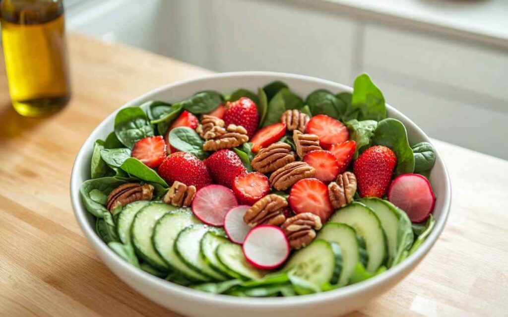 Salade d'amour avec des tranches de concombre, des fraises, des radis, des noix de pécan et des feuilles d'épinards fraîches dans un grand bol.