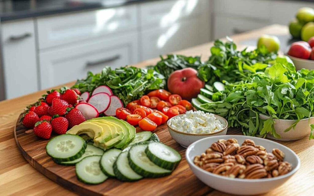 Disposition soignée des ingrédients frais pour une salade d'amour, comprenant des fraises, des radis, des tomates cerises, des tranches d'avocat, des concombres, du fromage cottage, des noix de pécan et des feuilles de roquette.