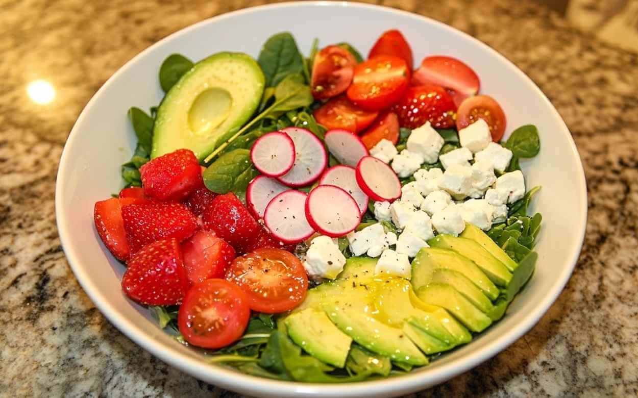 Salade d'amour avec avocat, radis, tomates cerises, fraises et fromage feta sur un lit de jeunes pousses d'épinards, assaisonnée de poivre noir fraîchement moulu.