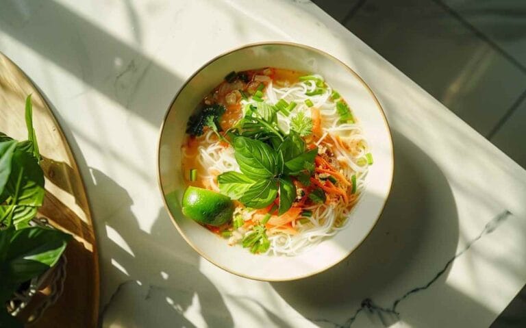Bol de soupe tonkinoise avec des nouilles de riz, du basilic thaï, des légumes frais, et un quartier de lime, pris en vue de haut dans une cuisine lumineuse.