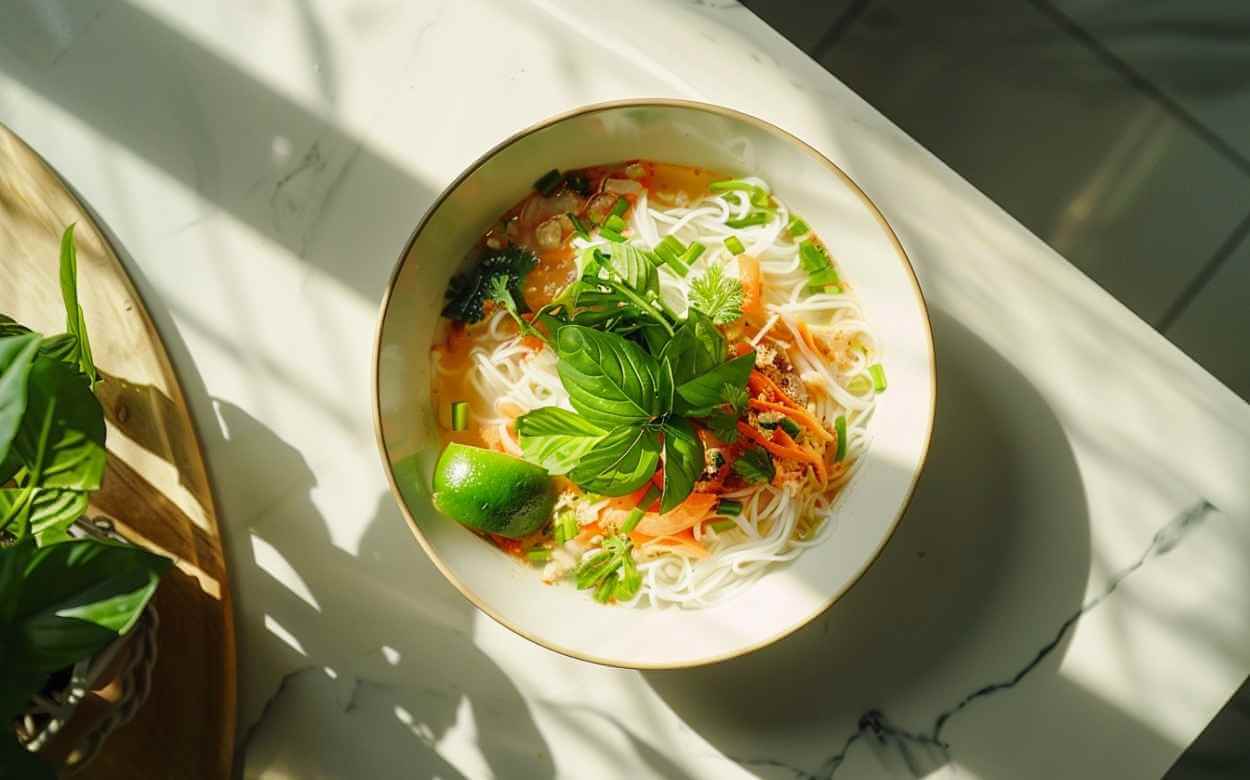 Bol de soupe tonkinoise avec des nouilles de riz, du basilic thaï, des légumes frais, et un quartier de lime, pris en vue de haut dans une cuisine lumineuse.
