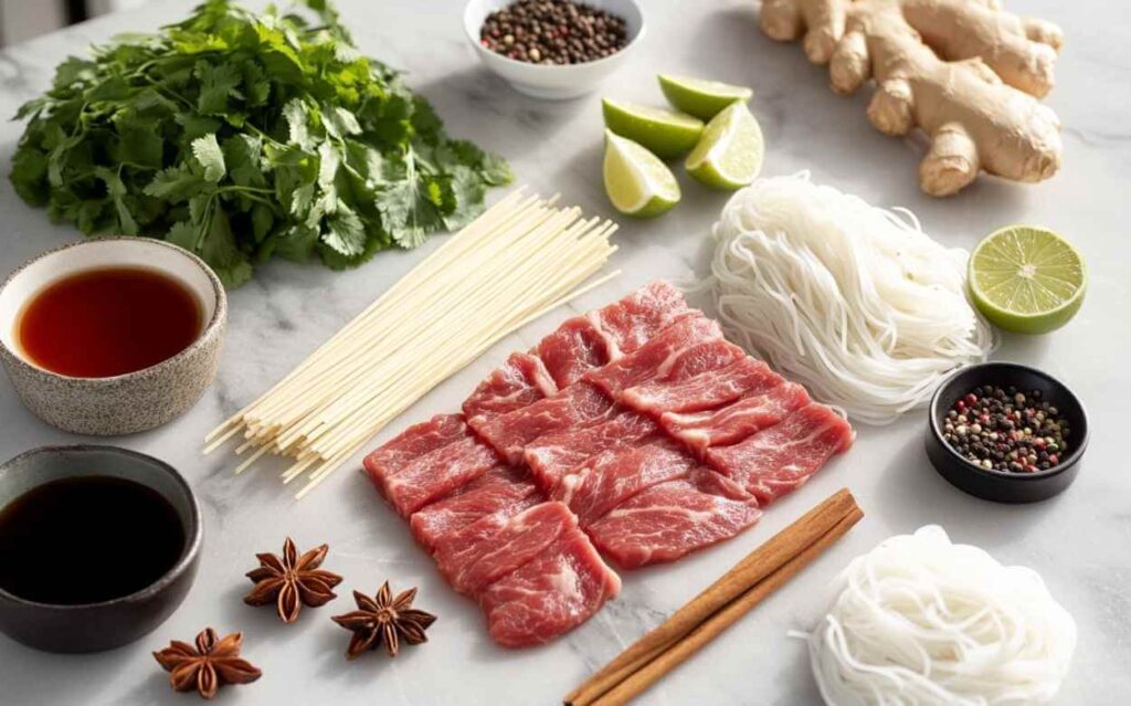 Ingrédients de la soupe tonkinoise, incluant des tranches de bœuf, des nouilles de riz, de la coriandre, du gingembre, des limes, des épices (anis étoilé et bâtons de cannelle), de la sauce soja et de la sauce de poisson, disposés sur une table en marbre.