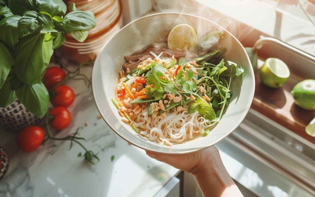 Bol de soupe tonkinoise avec des nouilles de riz, du bœuf, des légumes frais, des herbes, des cacahuètes et un quartier de lime, tenu dans une main avec un arrière-plan de cuisine lumineuse.